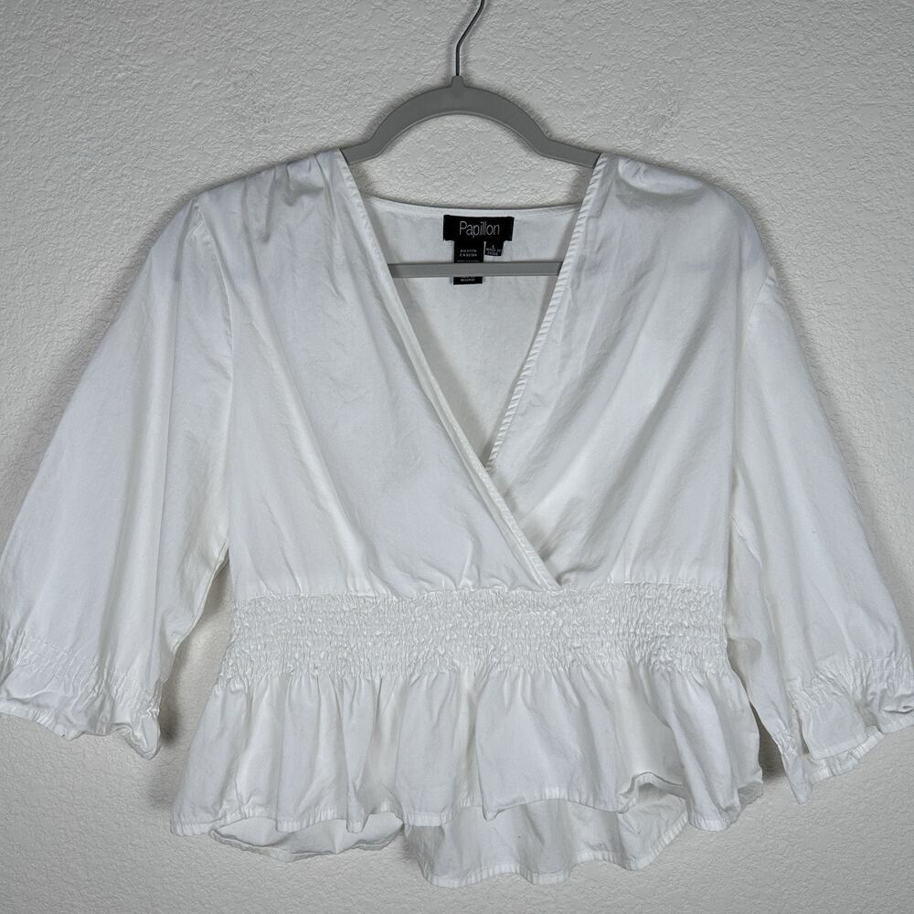 Papillon Womens Sz L white cotton v-neck puffed sleeves smocked coastal cowgirl